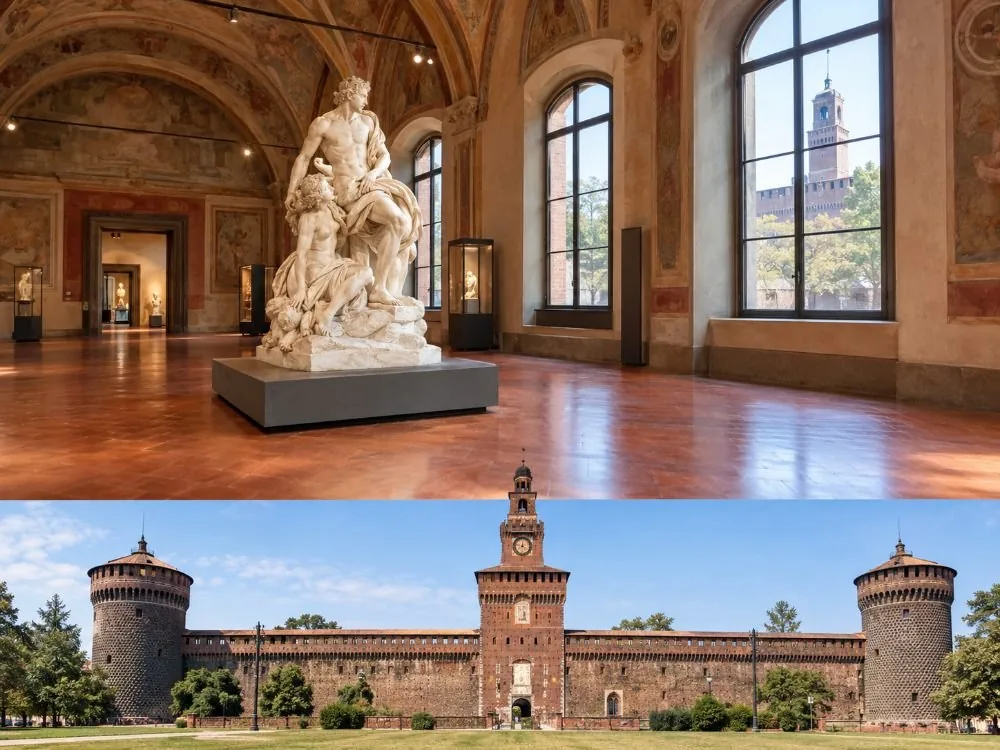 una sala dei musei con una scultura in marmo e la luce dalle finestre
